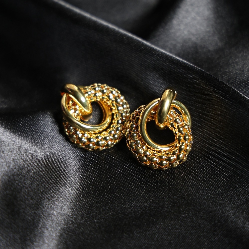 Gold Stainless Steel Beaded Door Knocker Earrings Textured Double Hoop JW036